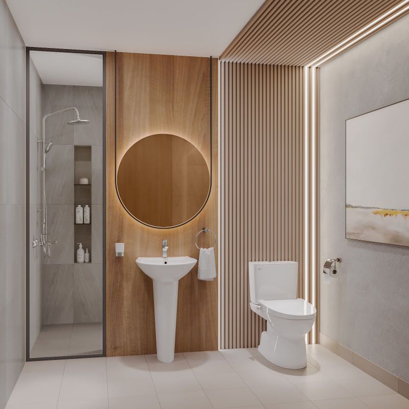 Thiết kế nhà vệ sinh hiện đại ưu tiên không gian mở và vật liệu cao cấp.