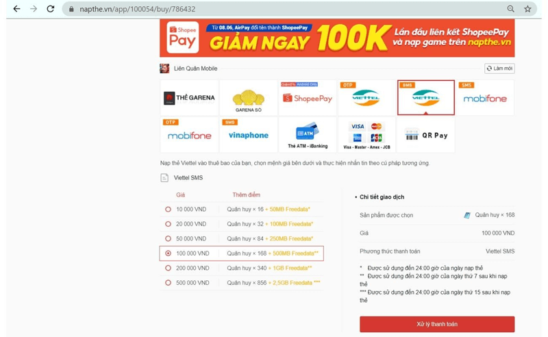 Nạp thẻ Garena - Bước 3: Chọn phương thức thanh toán phù hợp